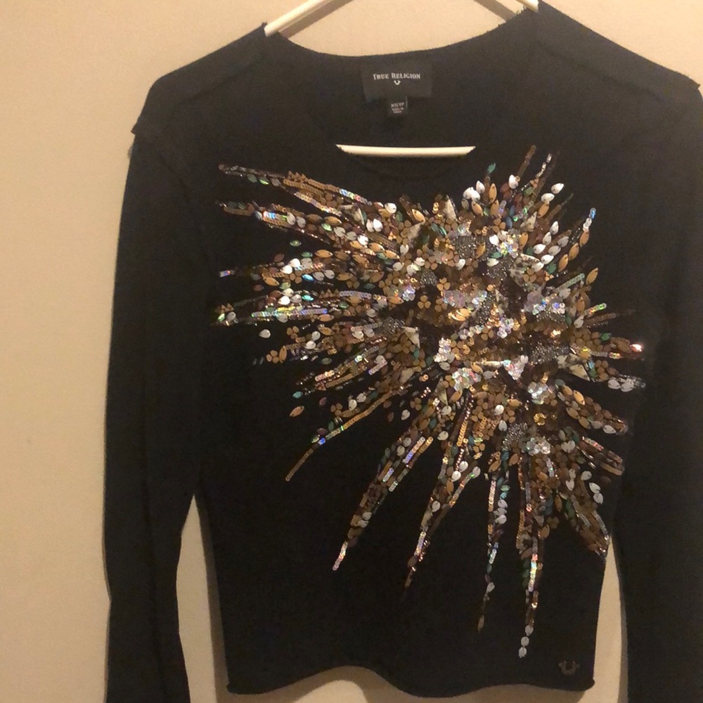 True Religion Black Gold Embellished Fitted Hoodie